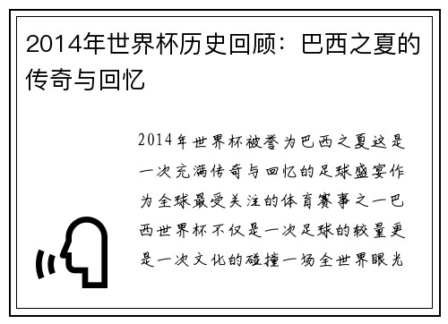 2014年世界杯历史回顾：巴西之夏的传奇与回忆