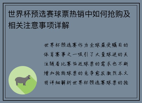 世界杯预选赛球票热销中如何抢购及相关注意事项详解