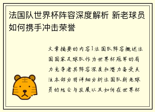 法国队世界杯阵容深度解析 新老球员如何携手冲击荣誉