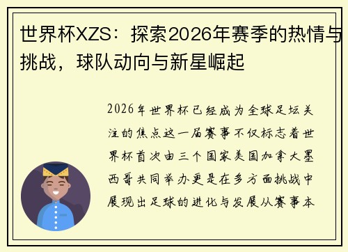 世界杯XZS：探索2026年赛季的热情与挑战，球队动向与新星崛起